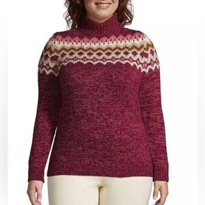 Lands' End Fair Isle Turtleneck Sweater‎ Women's 2X Burgundy Cotton Wool Blend